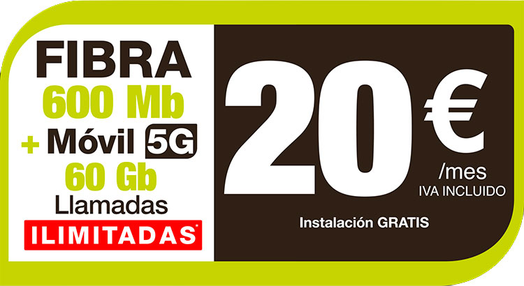 Oferta Fibra 600 Mb + Móvil 5G - 60 Gb - Llamadas ilimitadas